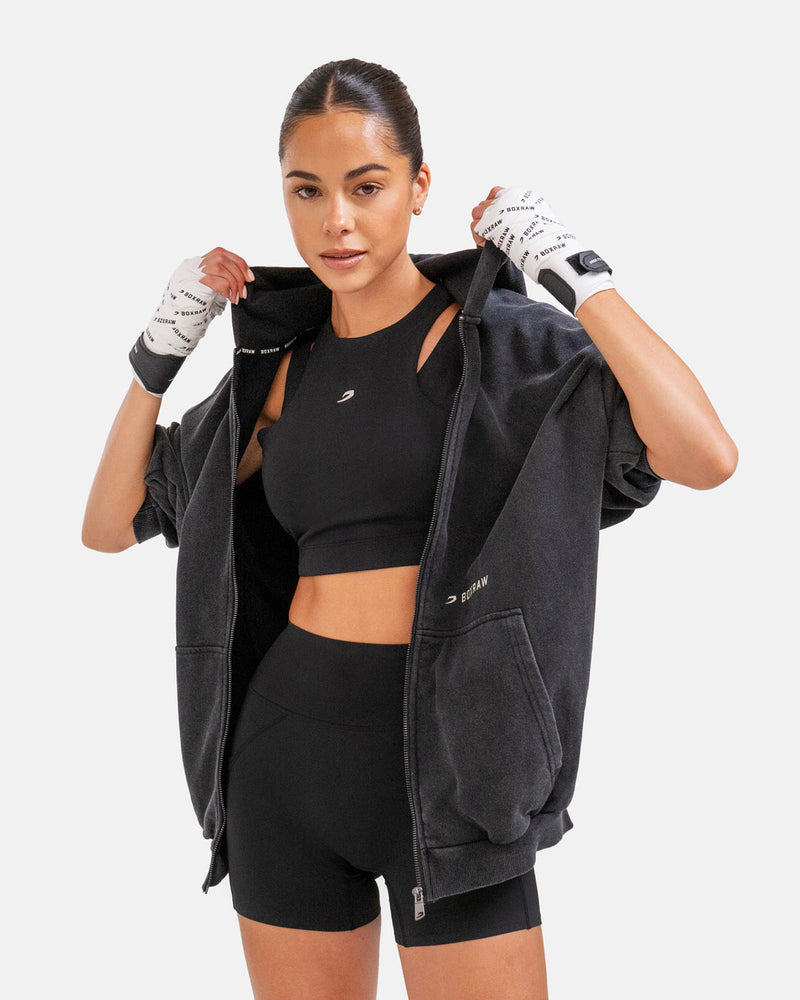 Sparring Club Oversized Zip Up Hoodie - Washed Black